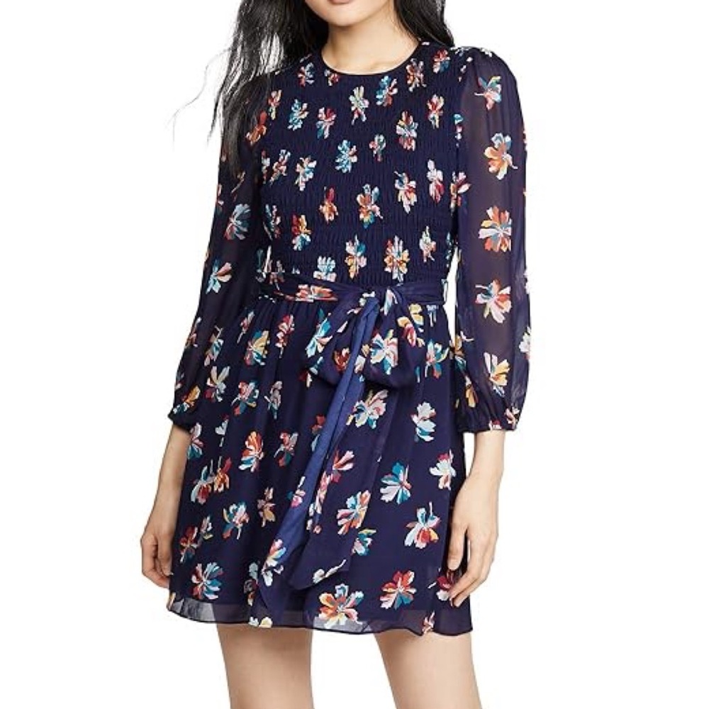 Shoshanna Size 12 Walker Navy Blue Floral Smocked Belted 3/4 Sleeve Mini Dress